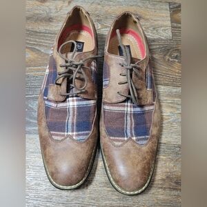 Parrazo Mens Size 12 Wingtip Oxford Shoes Brown Leather Plaid Fabric